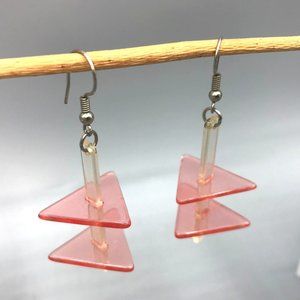 Vintage Acrylic Sculptural Abstract Dangle Earrings, Clear and Neon Pink OOAK
